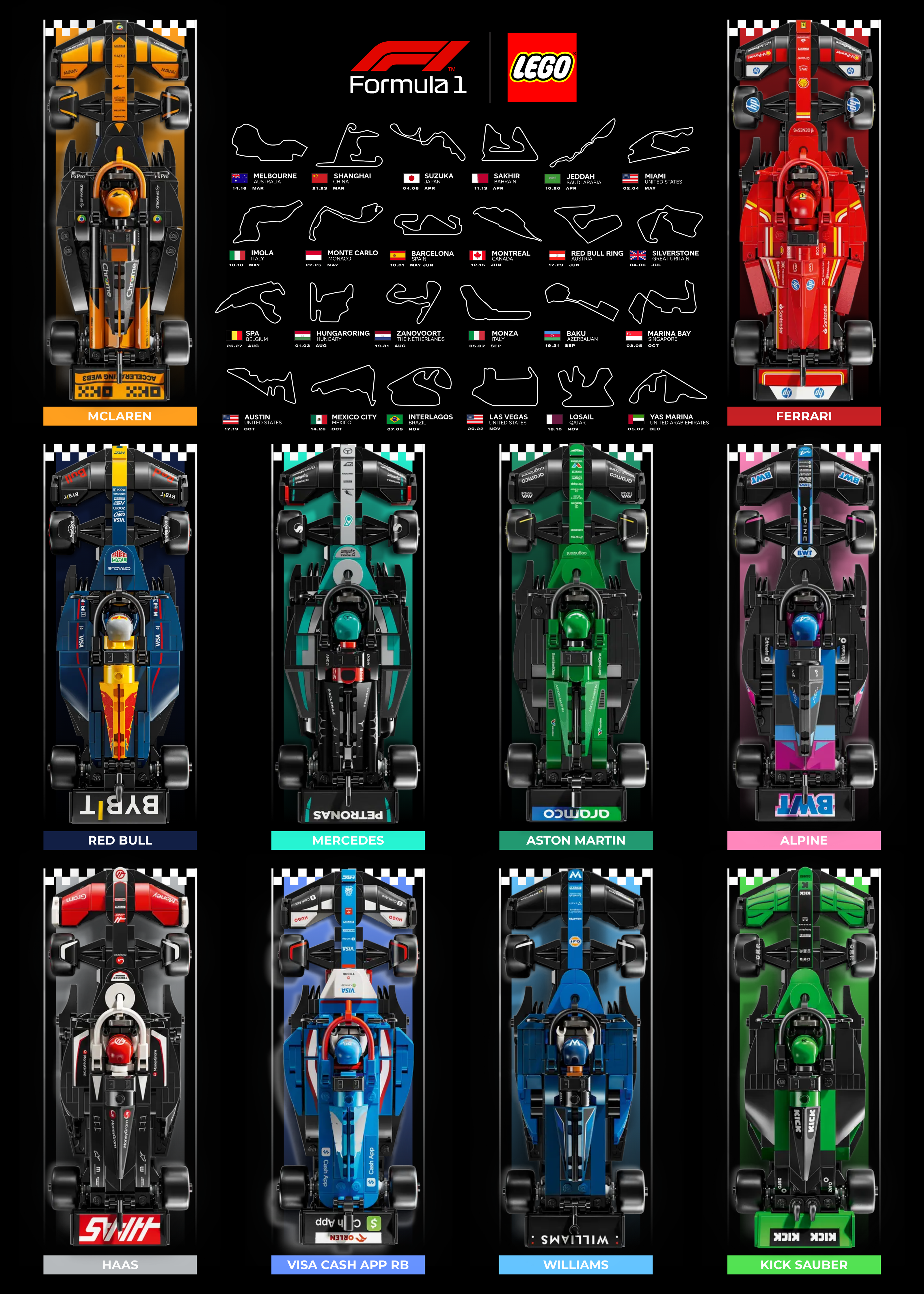 Affiche (design B) F1 2024 50x70cm  design des 24 circuits pour 10 voitures LEGO Speed Champions.