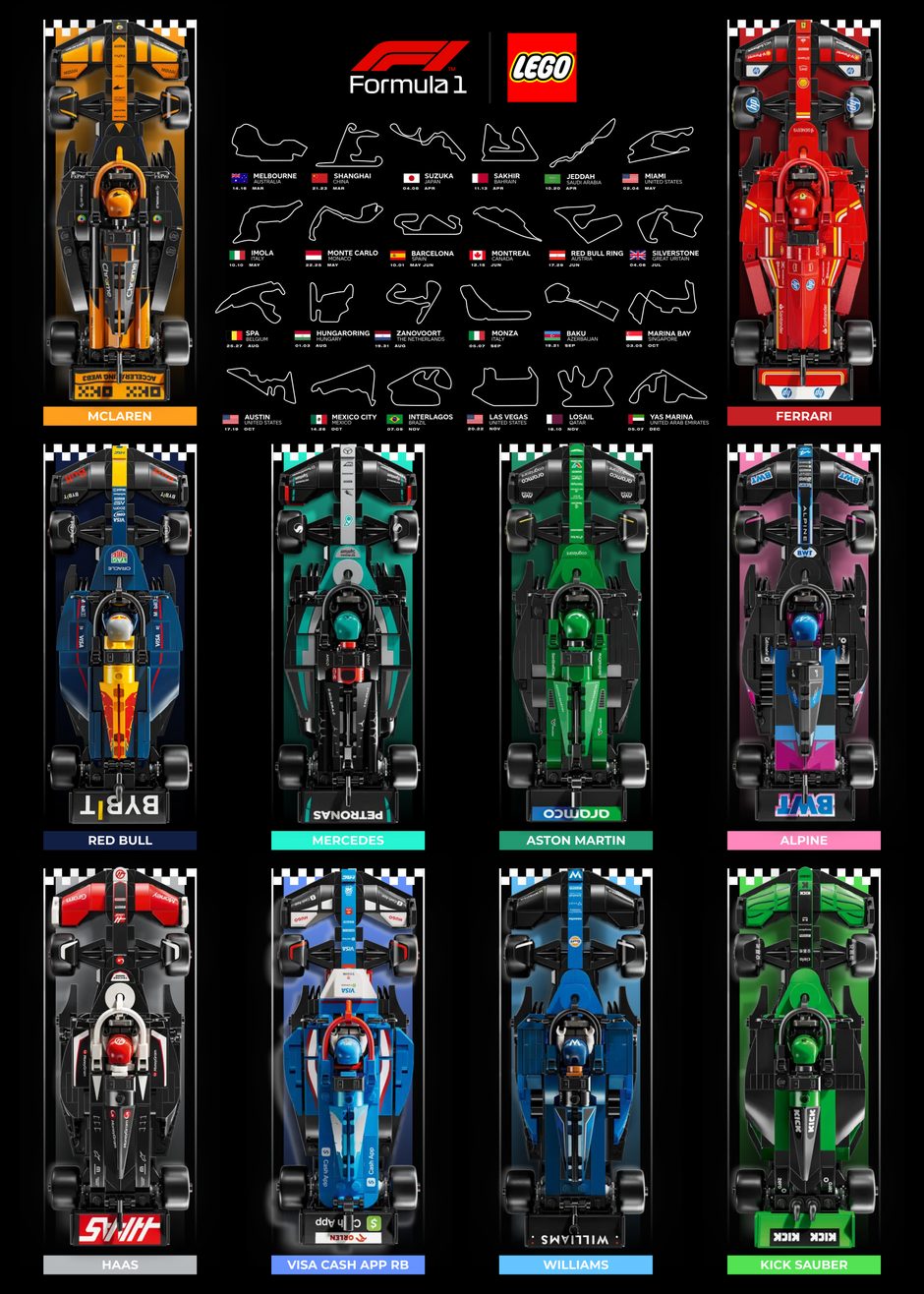 Affiche (design B) F1 2024 50x70cm  design des 24 circuits pour 10 voitures LEGO Speed Champions.