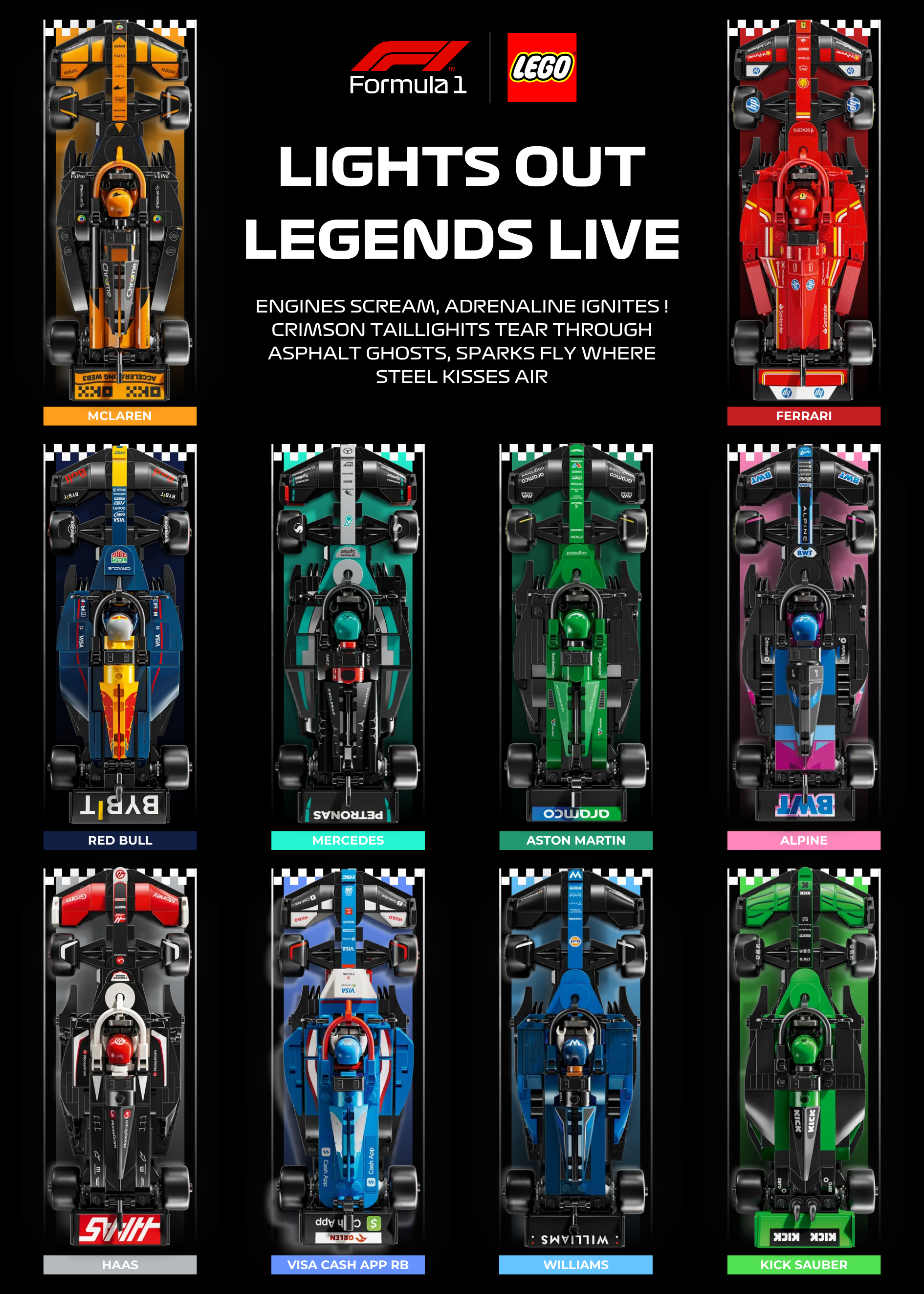 Affiche (Design D) F1 2024 50x70cm design des 24 circuits pour 10 voitures LEGO Speed Champions.