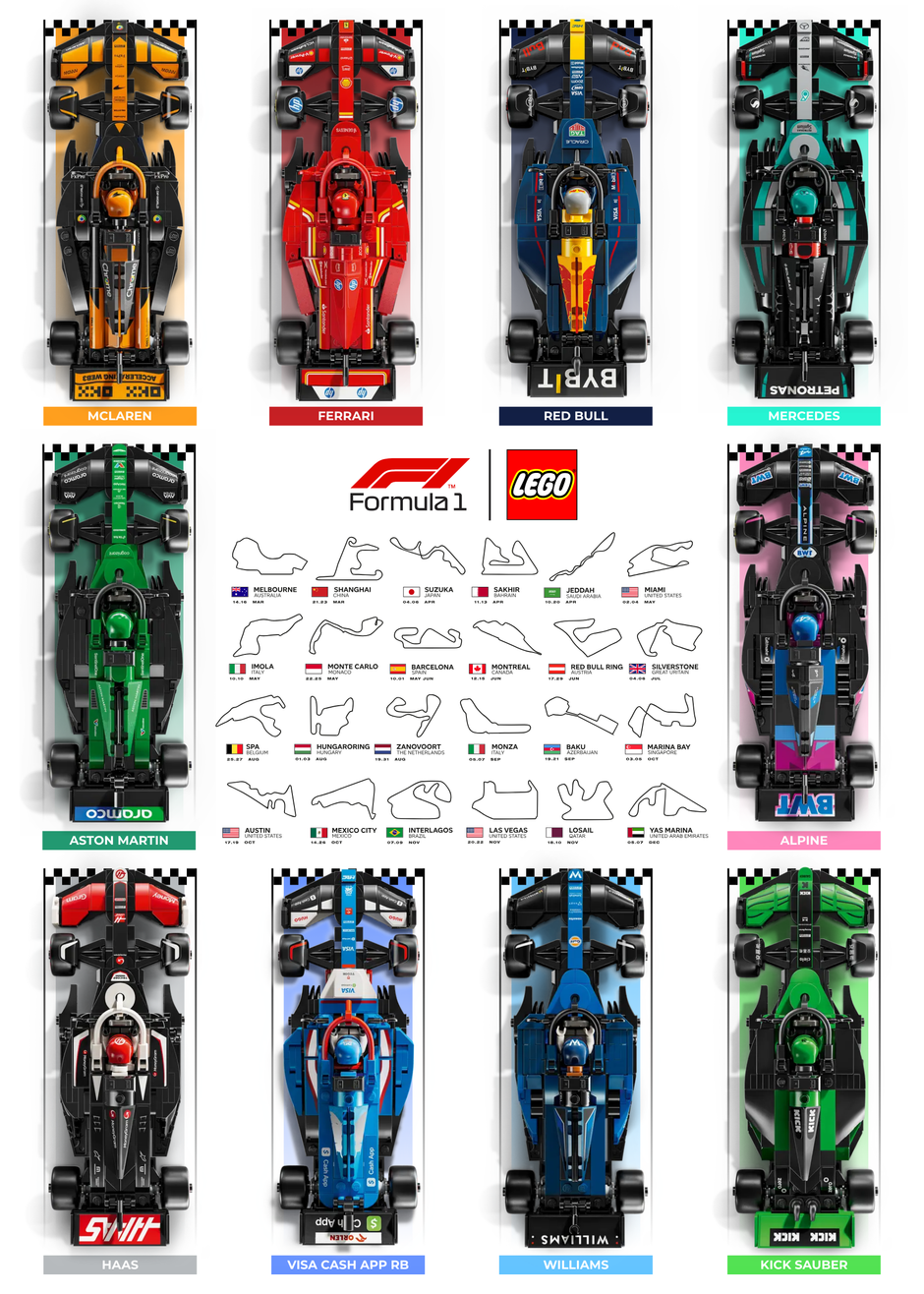 Affiche (Design E) F1 2024 50x70cm design des 24 circuits pour 10 voitures LEGO Speed Champions.