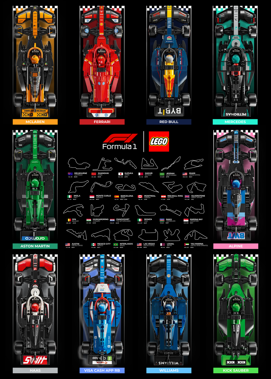 Affiche (Design F) F1 2024 50x70cm design des 24 circuits pour 10 voitures LEGO Speed Champions.