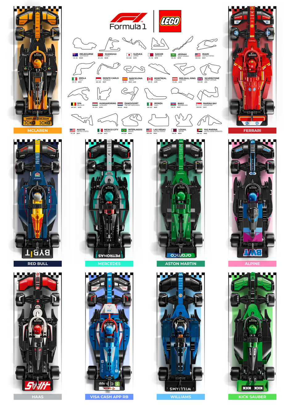 Affiche (design A) F1 2024 50x70cm design des 24 circuits pour 10 voitures LEGO Speed Champions.