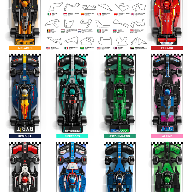 Affiche (design A) F1 2024 50x70cm design des 24 circuits pour 10 voitures LEGO Speed Champions.