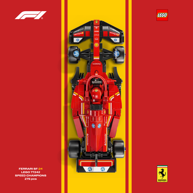 Gros plan sur l'affiche design A pour cadre LEGO Ferrari F1 avec graphismes Scuderia haute définition.