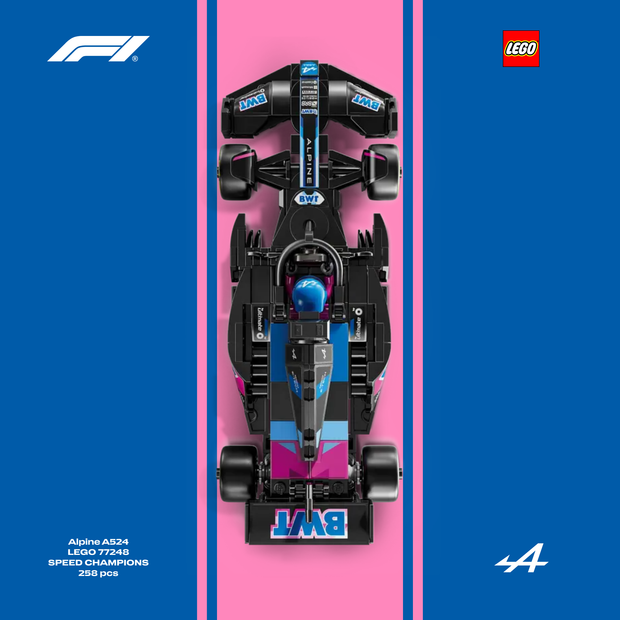 Gros plan sur l'affiche design A pour cadre LEGO Alpine F1 avec graphismes bleu électrique.