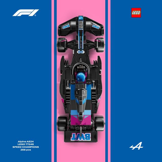 Gros plan sur l'affiche design A pour cadre LEGO Alpine F1 avec graphismes bleu électrique.