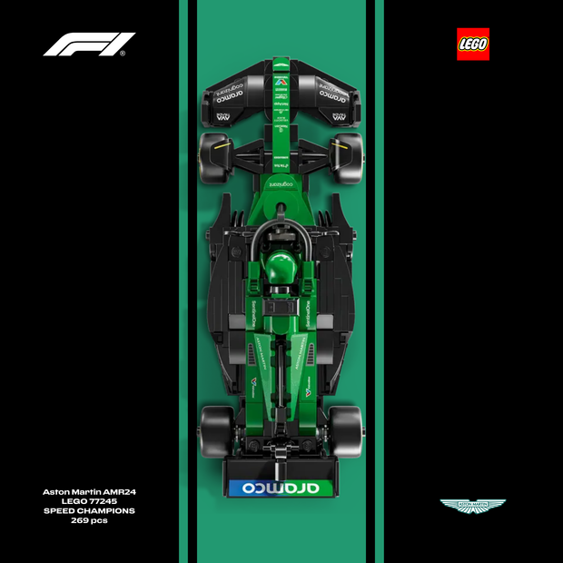 Gros plan sur l'affiche design A pour cadre LEGO Aston Martin F1 avec graphismes British Racing Green.