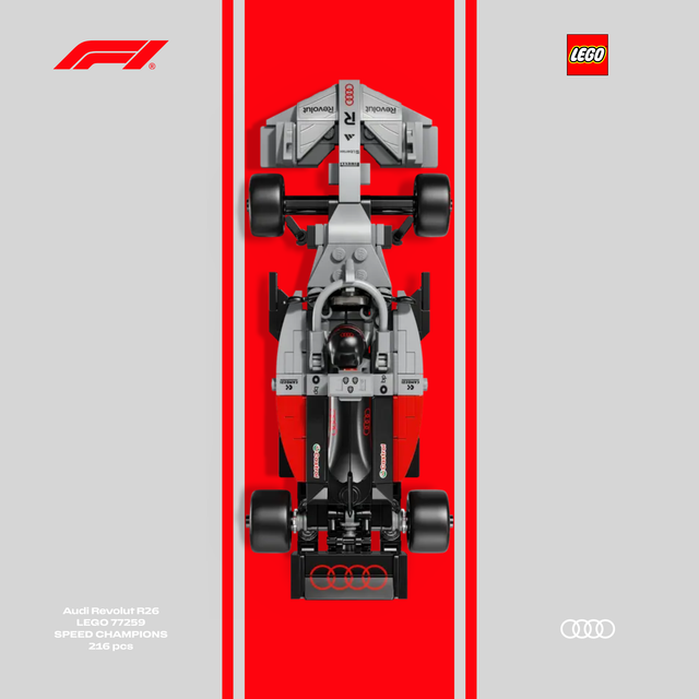 Gros plan sur l'affiche design A pour cadre LEGO Audi F1 avec graphismes gris et rouge.