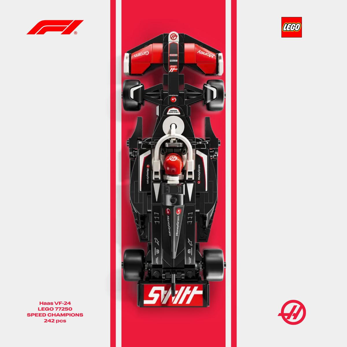 Gros plan sur l'affiche design A pour cadre LEGO Haas F1 avec graphismes aux couleurs américaines.