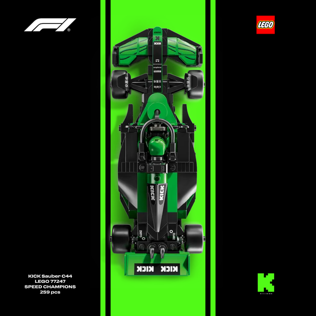 Gros plan sur l'affiche design A pour cadre LEGO Kick Sauber avec graphismes vert fluo et noir.