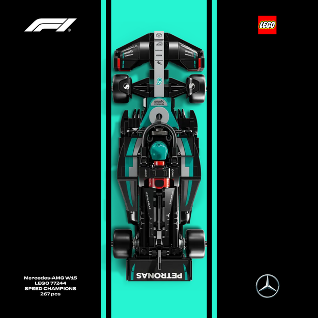 Gros plan sur l'affiche design A pour cadre LEGO Mercedes F1 avec graphismes gris et vert Petronas.