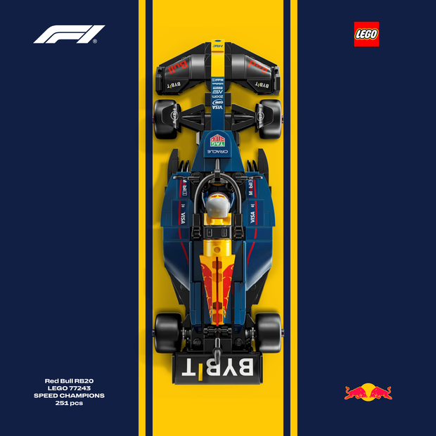 Gros plan sur l'affiche design A pour cadre LEGO Red Bull F1 avec graphismes Navy et Jaune.