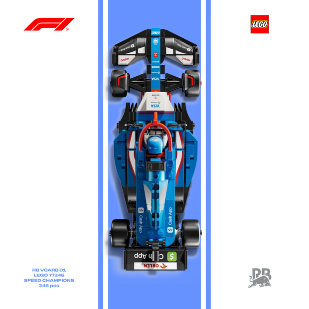 Gros plan sur l'affiche design A pour cadre LEGO VCARB F1 avec graphismes bleu électrique et argent.