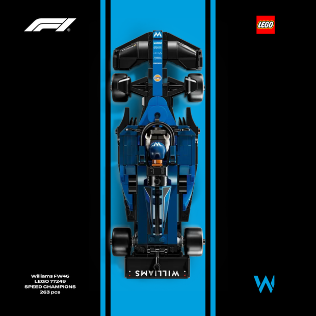 Gros plan sur l'affiche design A pour cadre LEGO Williams F1 avec graphismes Navy et Bleu Royal.
