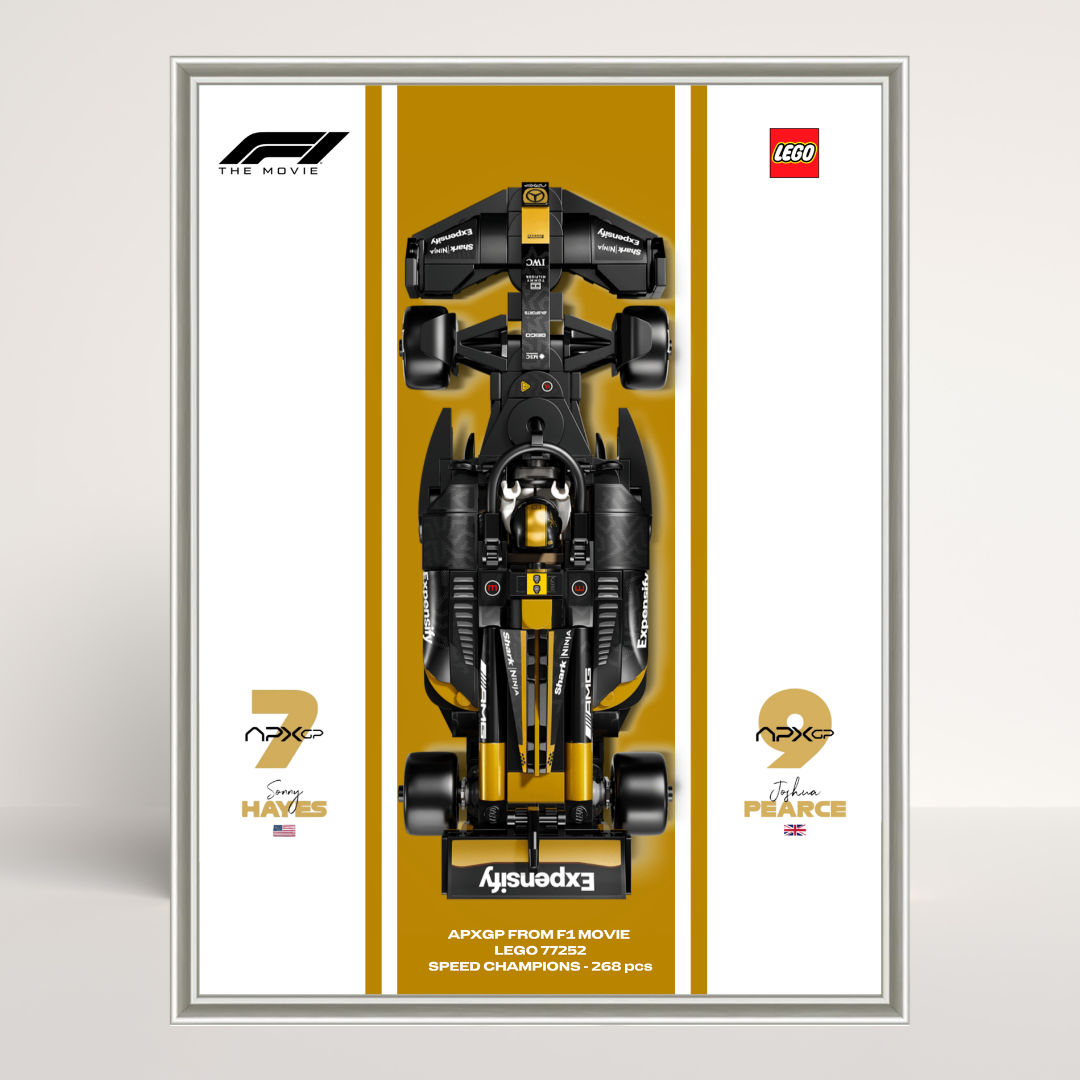 Support mural 18x24cm en aluminium argent pour voiture LEGO APXGP avec affiche Design A.
