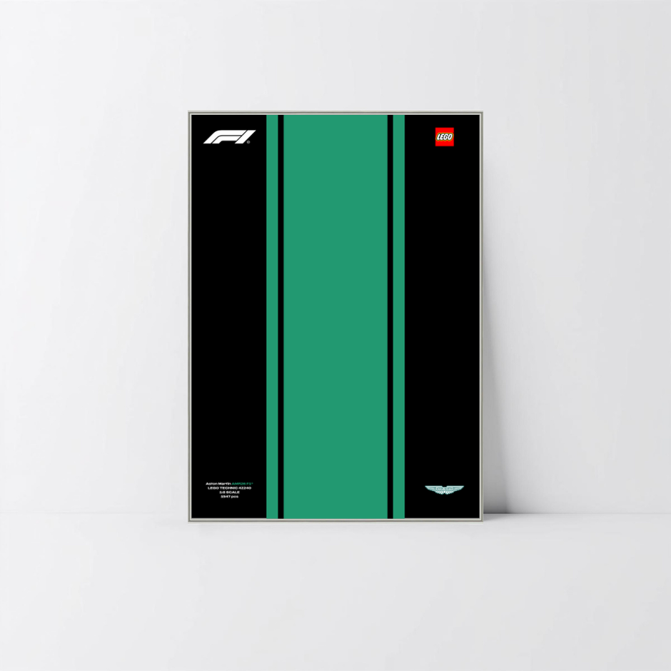 Support mural premium argent pour monoplace Aston Martin AMR26 LEGO avec affiche Design A.