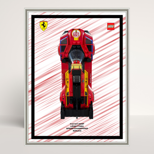 Cadre en aluminium argent au format 18x24cm avec affiche Design A pour LEGO Ferrari 499P 77261.
