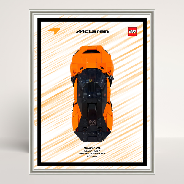 Cadre en aluminium argent au format 18x24cm avec affiche Design A pour LEGO McLaren W1 77257.
