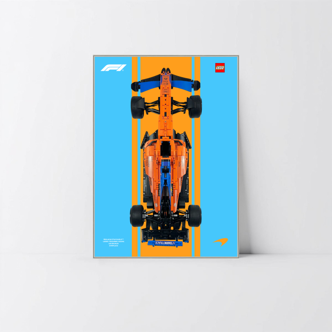 Support mural premium argent pour monoplace McLaren F1 42141 LEGO avec affiche Design A.