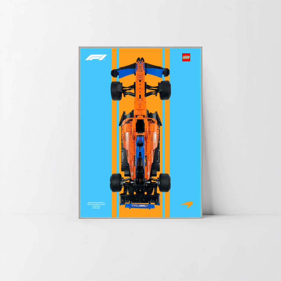 Support mural premium argent pour monoplace McLaren F1 42141 LEGO avec affiche Design A.