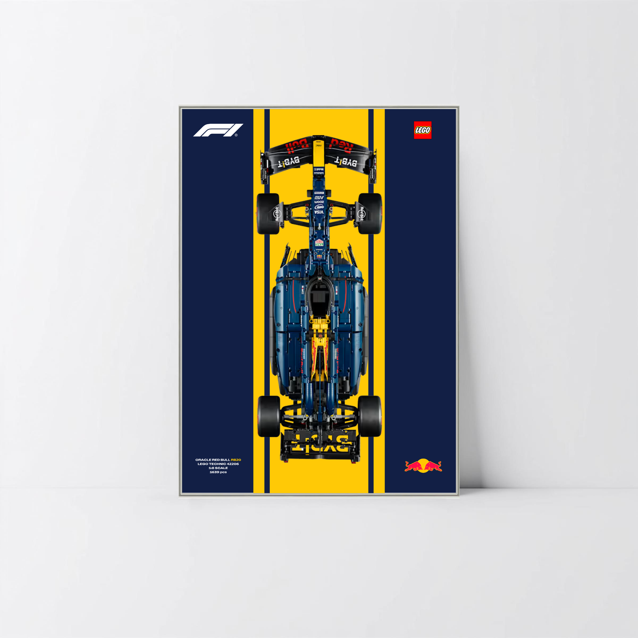Support mural premium argent pour monoplace Red Bull RB20 LEGO avec affiche Design A.