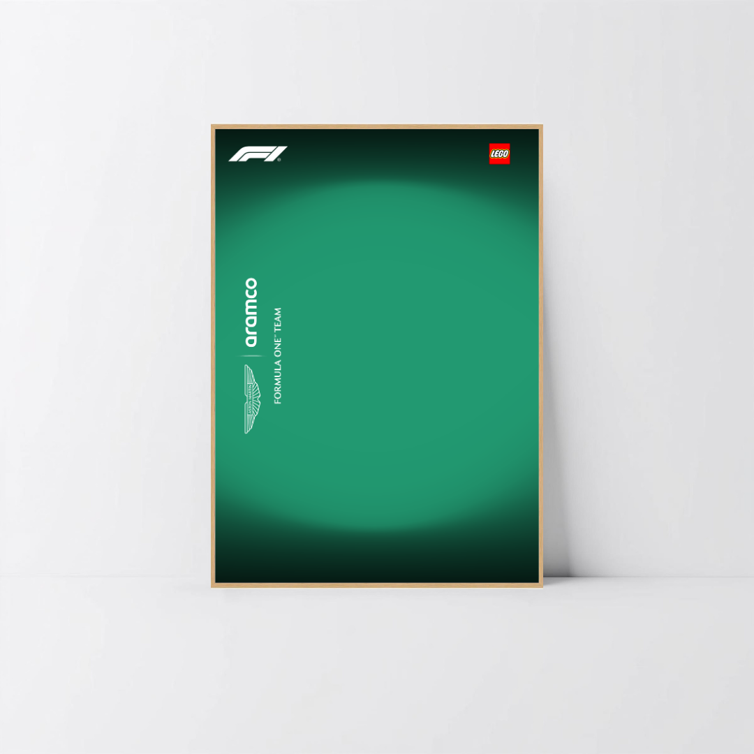Rendu luxe aluminium chêne pour exposition LEGO Aston Martin AMR26, fond Design B.