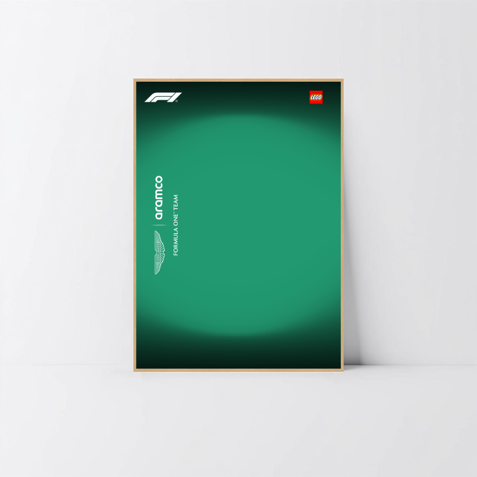 Rendu luxe aluminium chêne pour exposition LEGO Aston Martin AMR26, fond Design B.