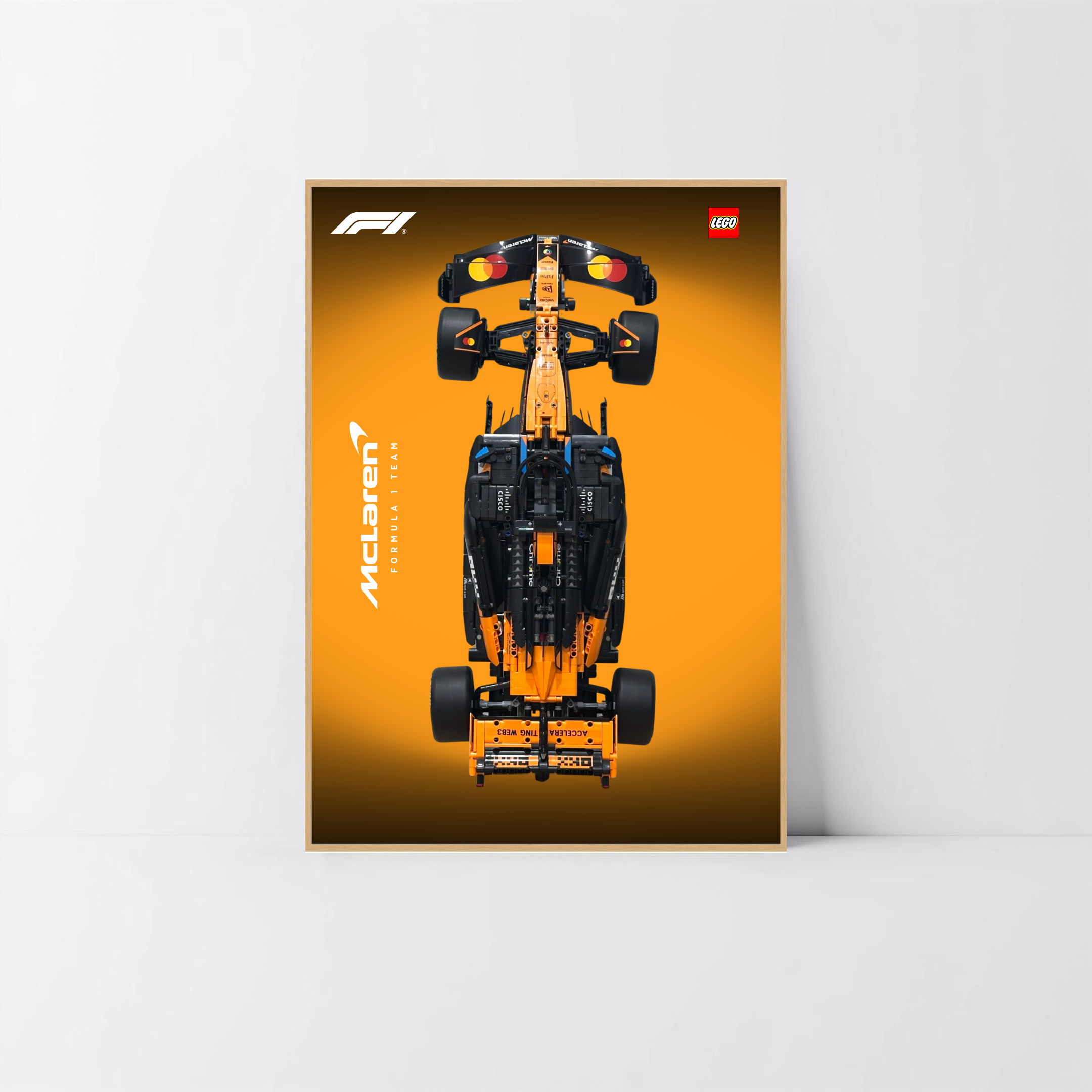Rendu luxe aluminium chêne pour exposition LEGO McLaren MCL39, fond Design B.