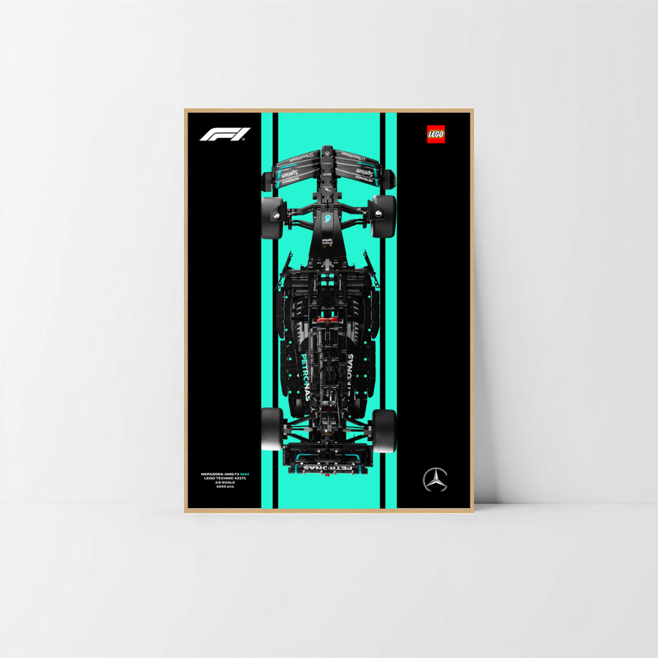 Rendu luxe aluminium chêne pour exposition LEGO Mercedes W14, fond Design A.