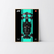 Rendu luxe aluminium chêne pour exposition LEGO Mercedes W14, fond Design A.