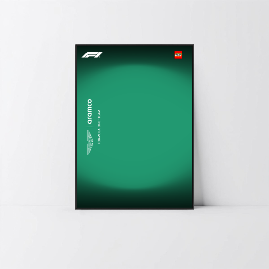 Exposition murale Aston Martin F1 42240 LEGO 1/8, cadre alu noir et fond graphique Design B.