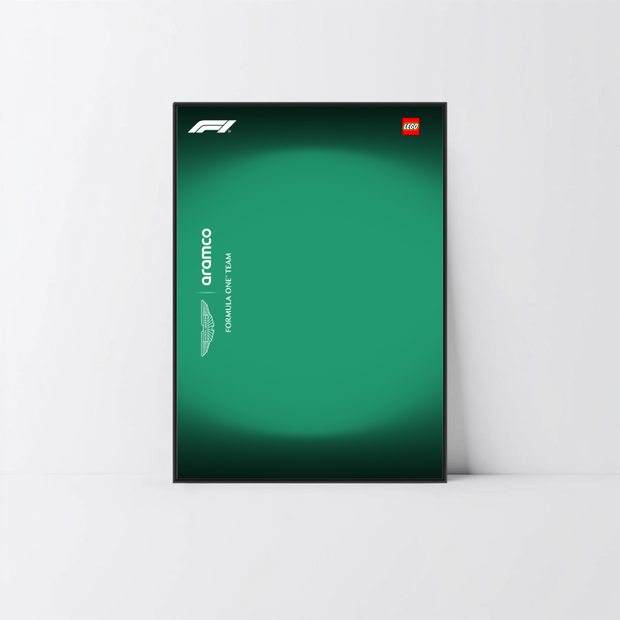 Exposition murale Aston Martin F1 42240 LEGO 1/8, cadre alu noir et fond graphique Design B.