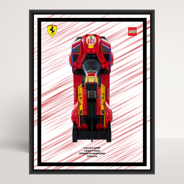 Cadre en aluminium noir au format 18x24cm avec affiche Design A pour LEGO Ferrari 499P 77261.