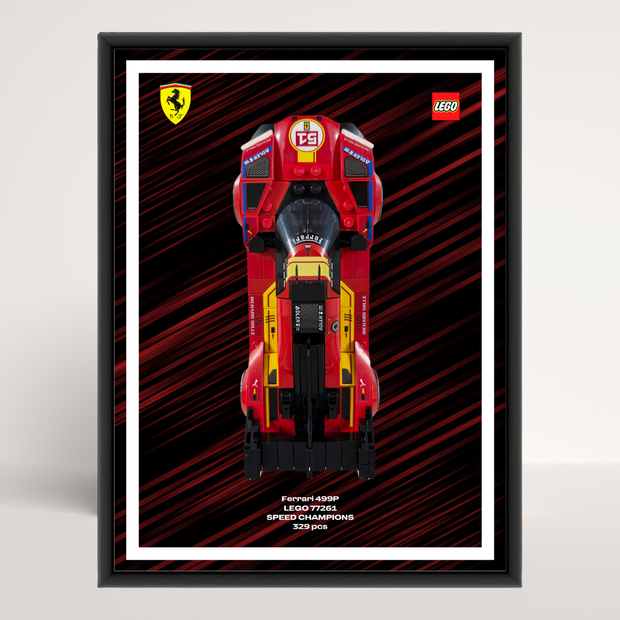 Cadre en aluminium noir au format 18x24cm avec affiche Design B pour LEGO Ferrari 499P 77261.