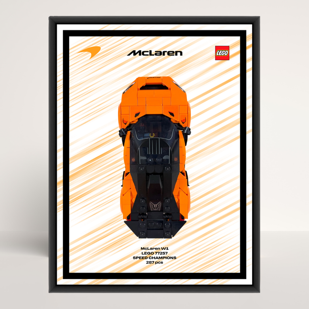 Cadre en aluminium noir au format 18x24cm avec affiche Design A pour LEGO McLaren W1 77257.