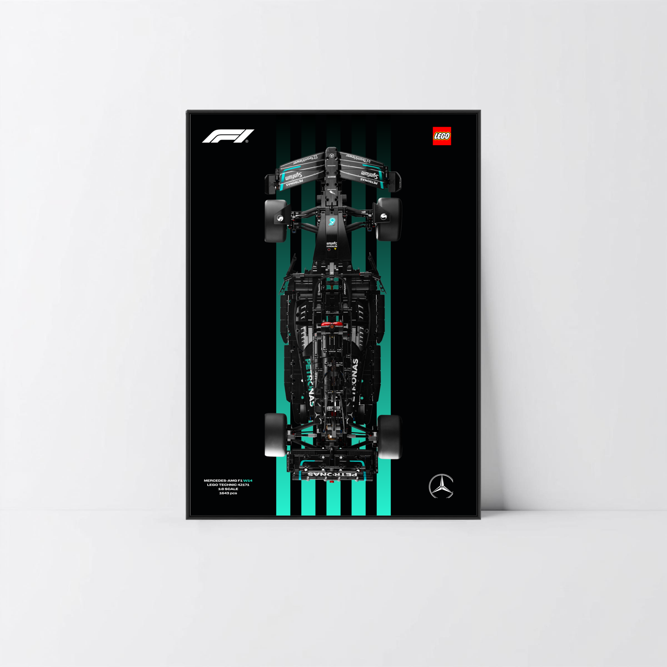 Support mural premium argent pour Mercedes-AMG F1 W14 LEGO avec affiche Design C.