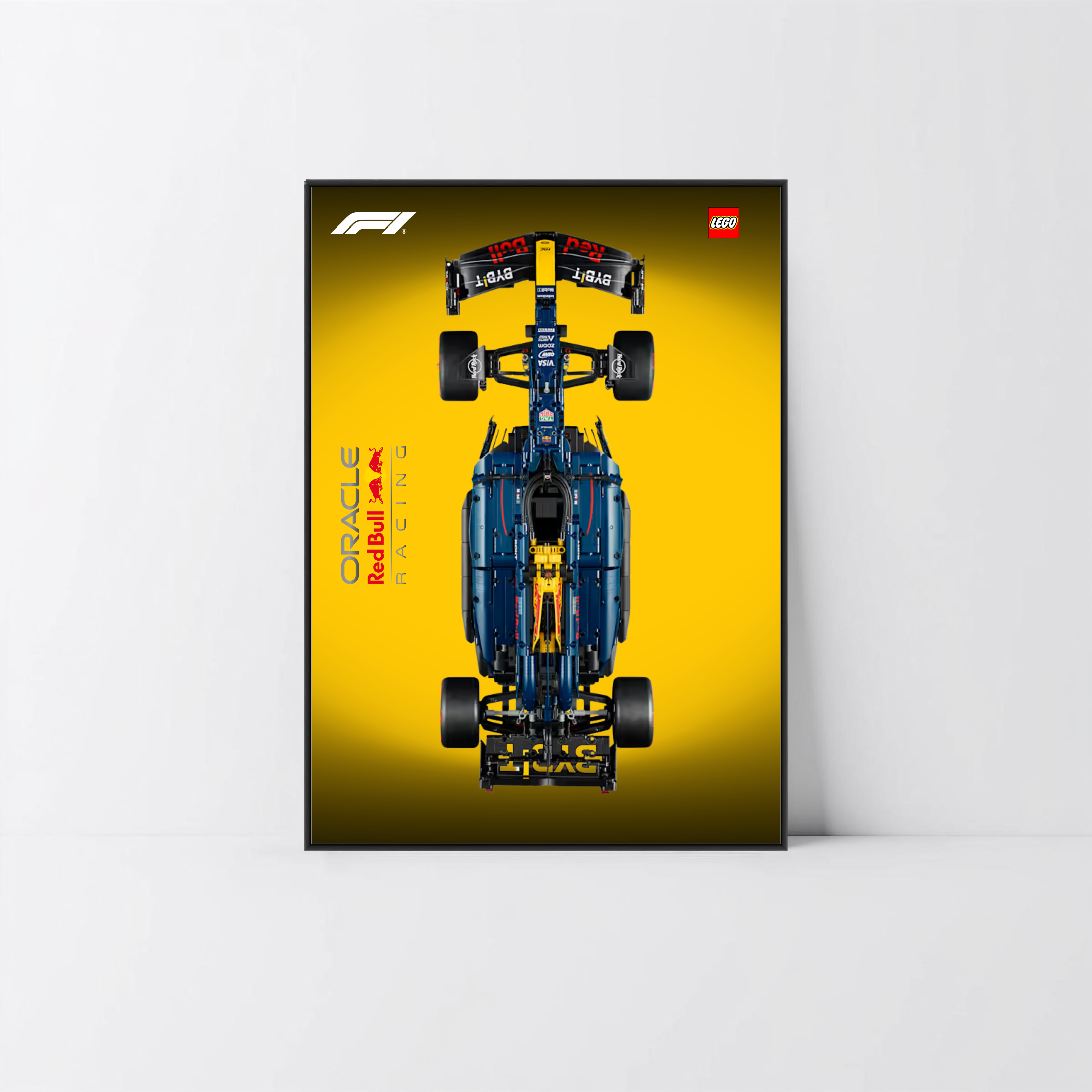 Exposition murale Red Bull F1 42206 LEGO 1/8, cadre alu noir et fond graphique Design B.