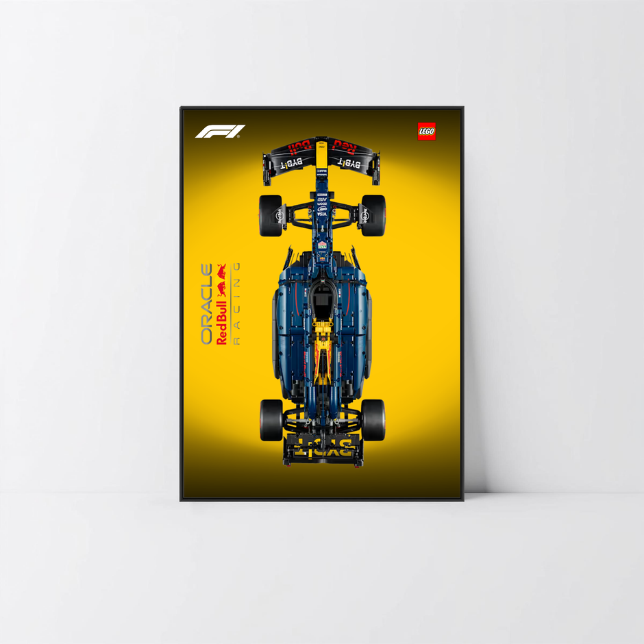 Exposition murale Red Bull F1 42206 LEGO 1/8, cadre alu noir et fond graphique Design B.