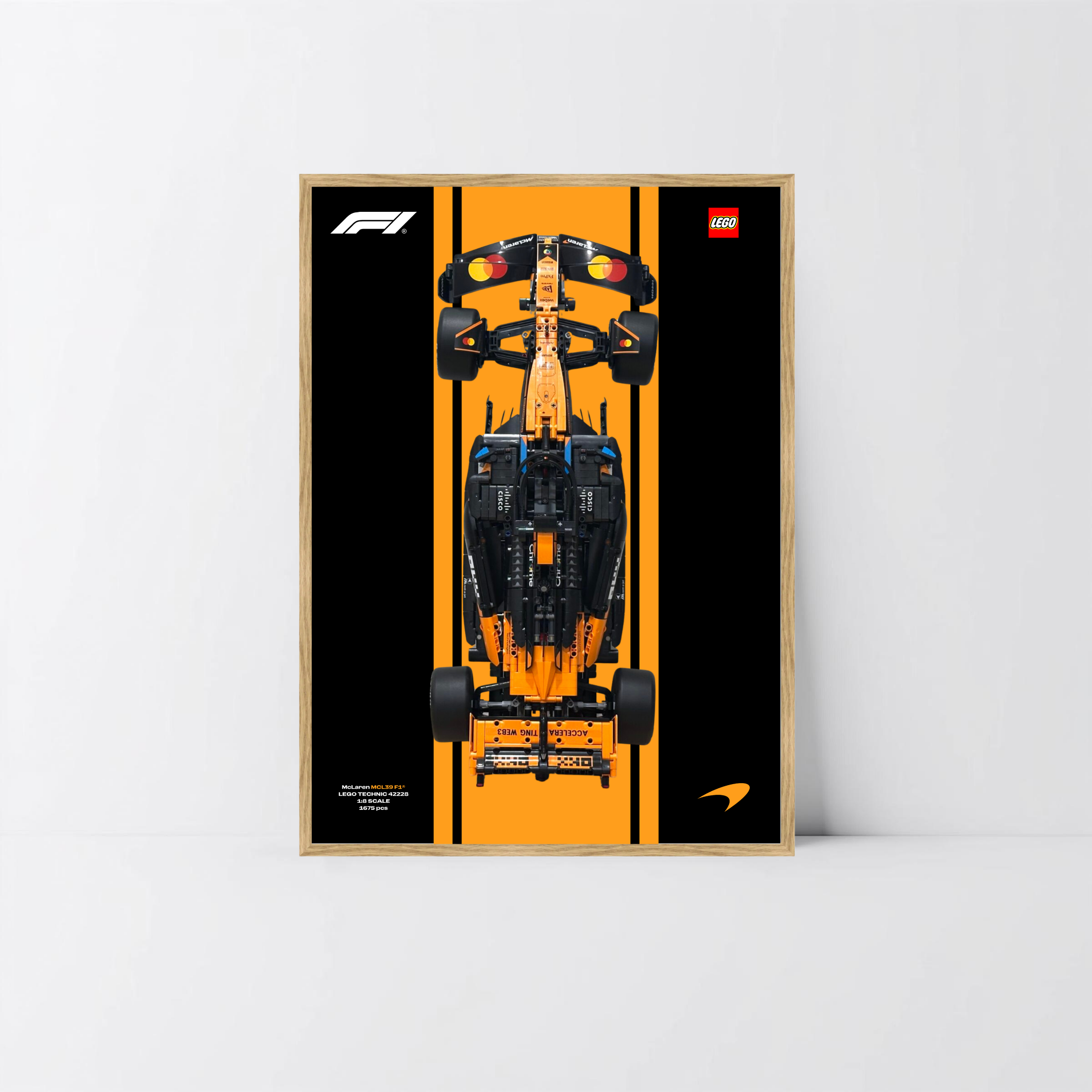 Cadre en bois de chêne véritable pour McLaren F1 LEGO Technic, visuel orange et bleu Design A.