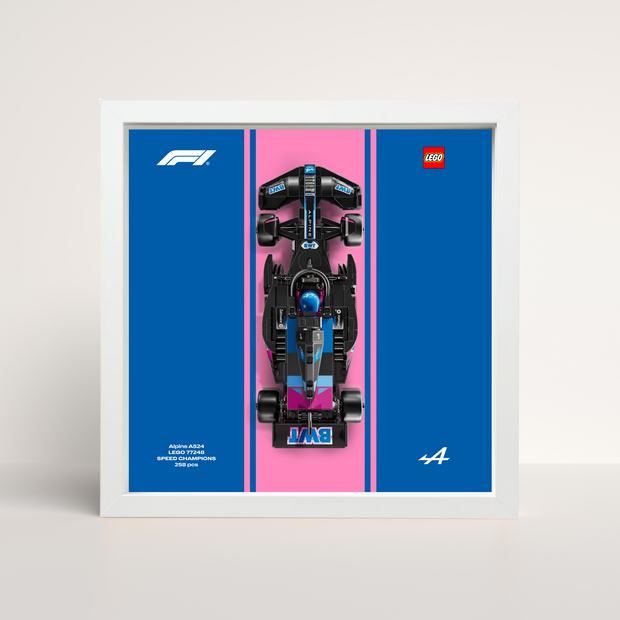 Tableau déco LEGO Alpine F1 cadre bois blanc épuré et affiche artistique design A.