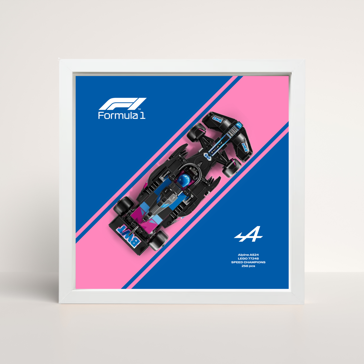 Cadre blanc 25x25cm pour collection Speed Champions Alpine F1 et arrière-plan design B.