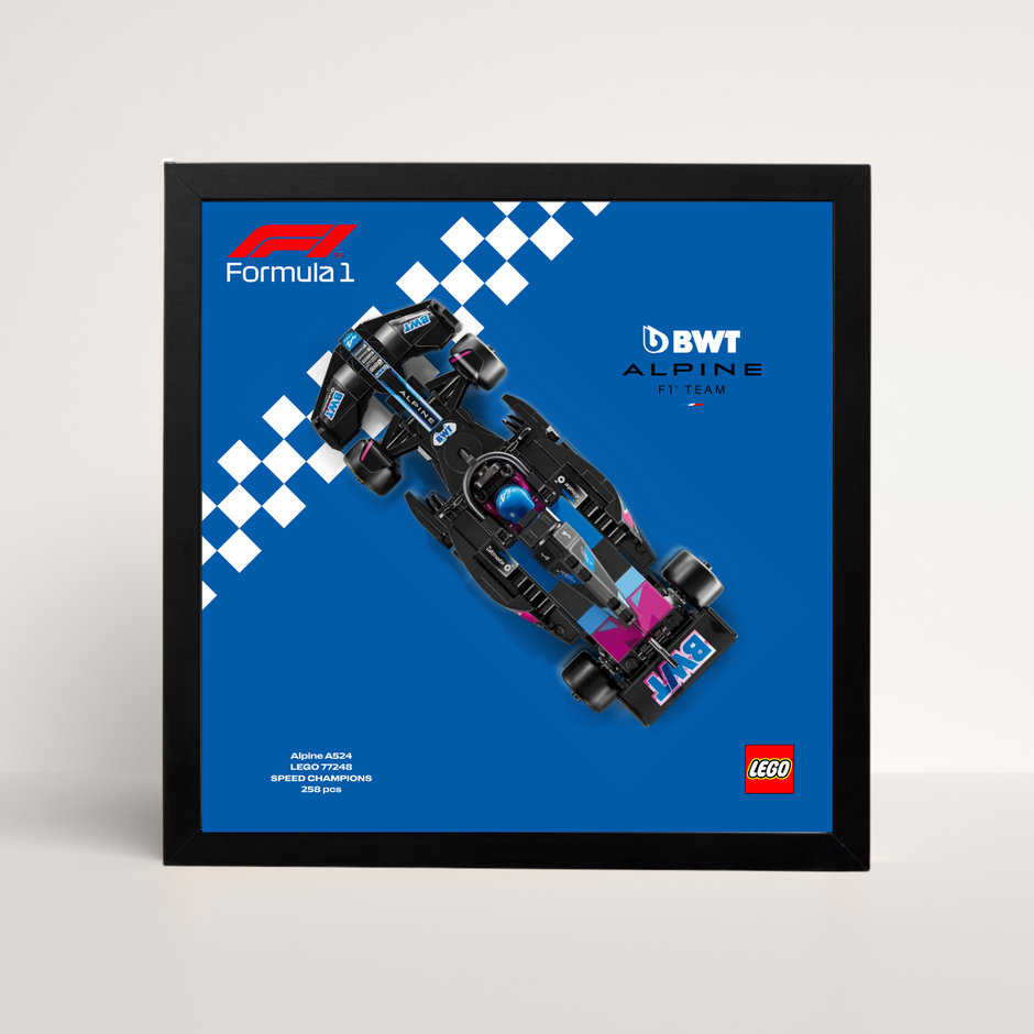 Support d'exposition LEGO Speed Champions Alpine cadre noir et poster technique design C.
