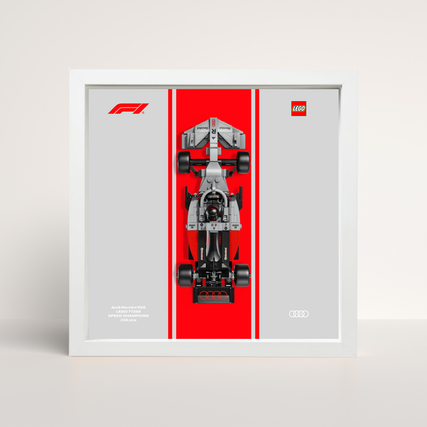 Tableau déco LEGO Audi F1 2026 cadre bois blanc épuré et affiche artistique design A.