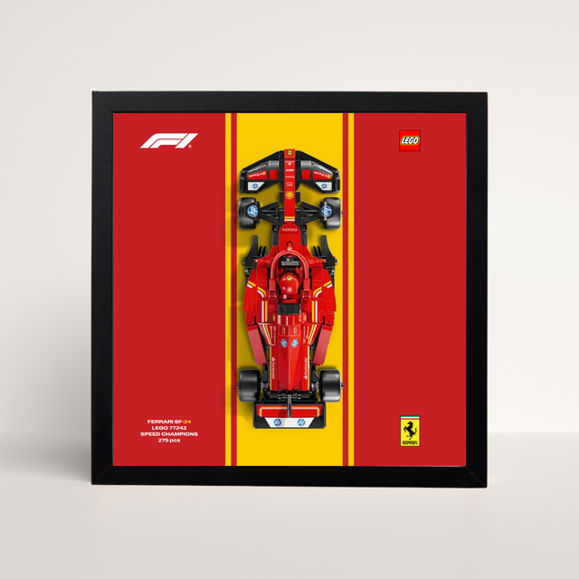 Cadre noir 25x25cm pour LEGO Speed Champions Ferrari F1 avec affiche design A Scuderia.