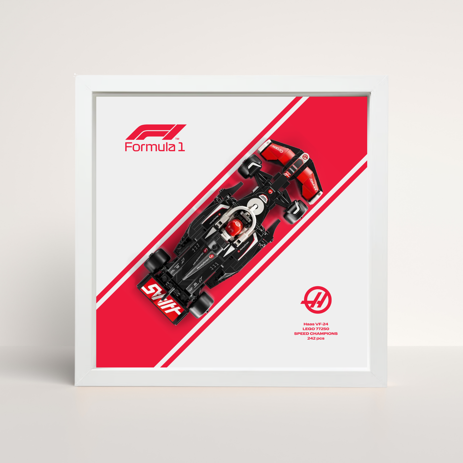 Cadre blanc 25x25cm pour collection Speed Champions Haas F1 et arrière-plan design B.