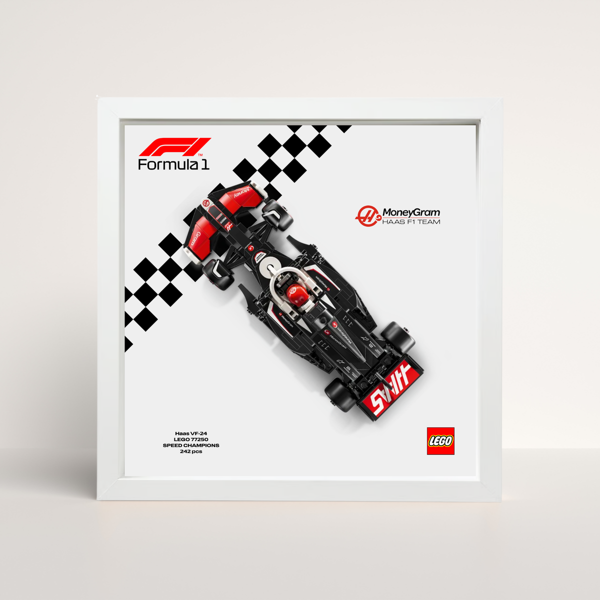 Vitrine murale blanche pour set LEGO Haas F1 avec visuel de circuit design C.