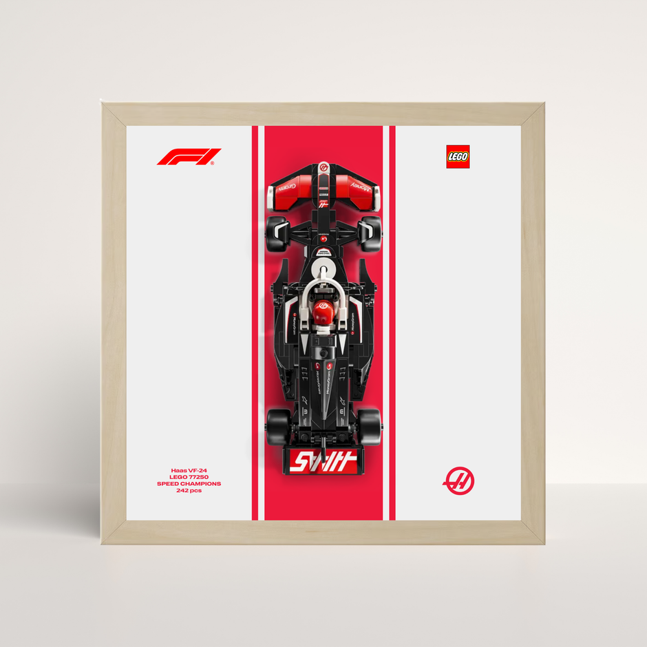 Cadre en bois de chêne pour LEGO Speed Champions Haas F1 et affiche design A.