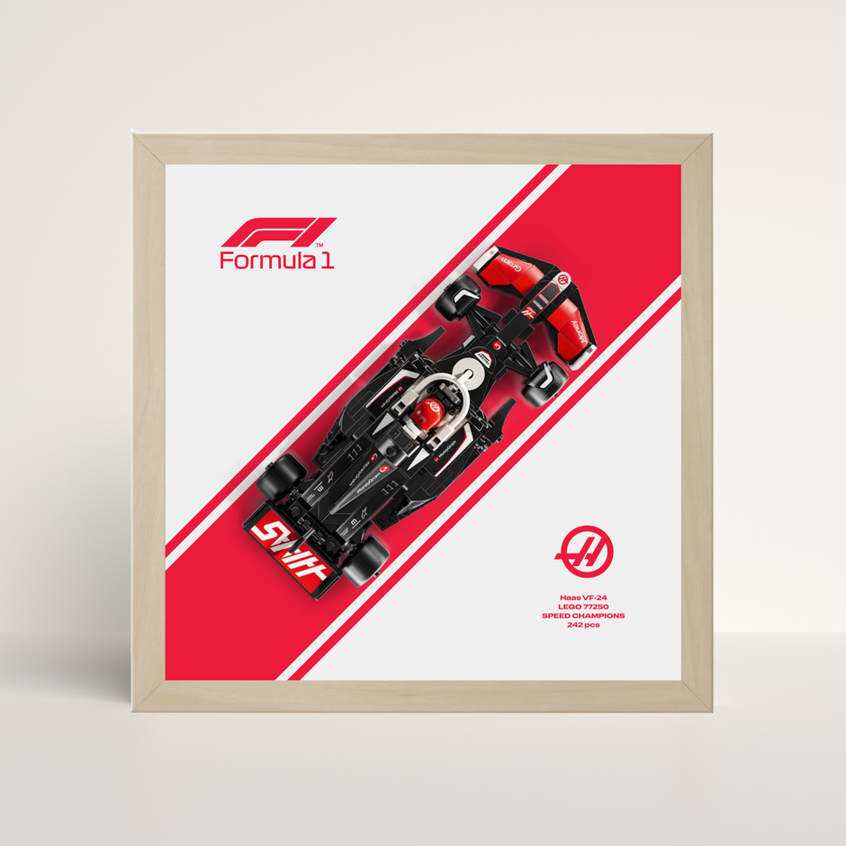 Support mural luxe finition chêne pour voiture LEGO Haas F1 et poster design B.