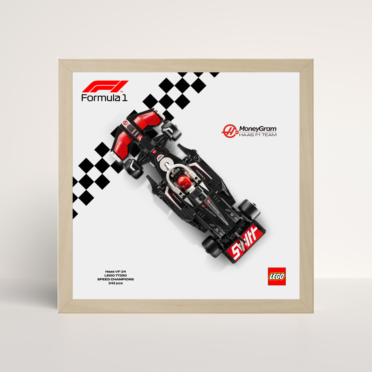Cadre bois naturel chêne pour exposition LEGO Haas F1 et visuel technique design C.