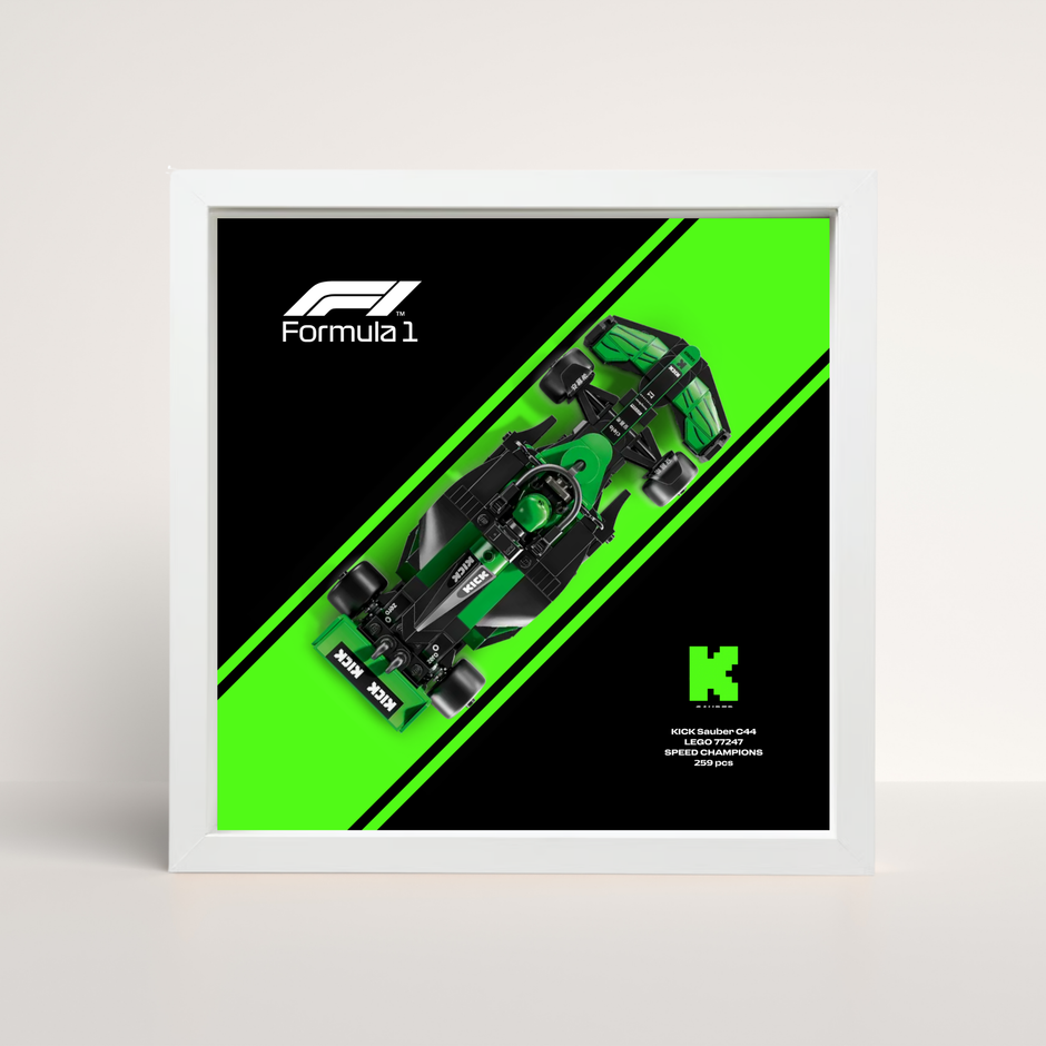 Cadre blanc 25x25cm pour collection Speed Champions Kick Sauber et arrière-plan design B.